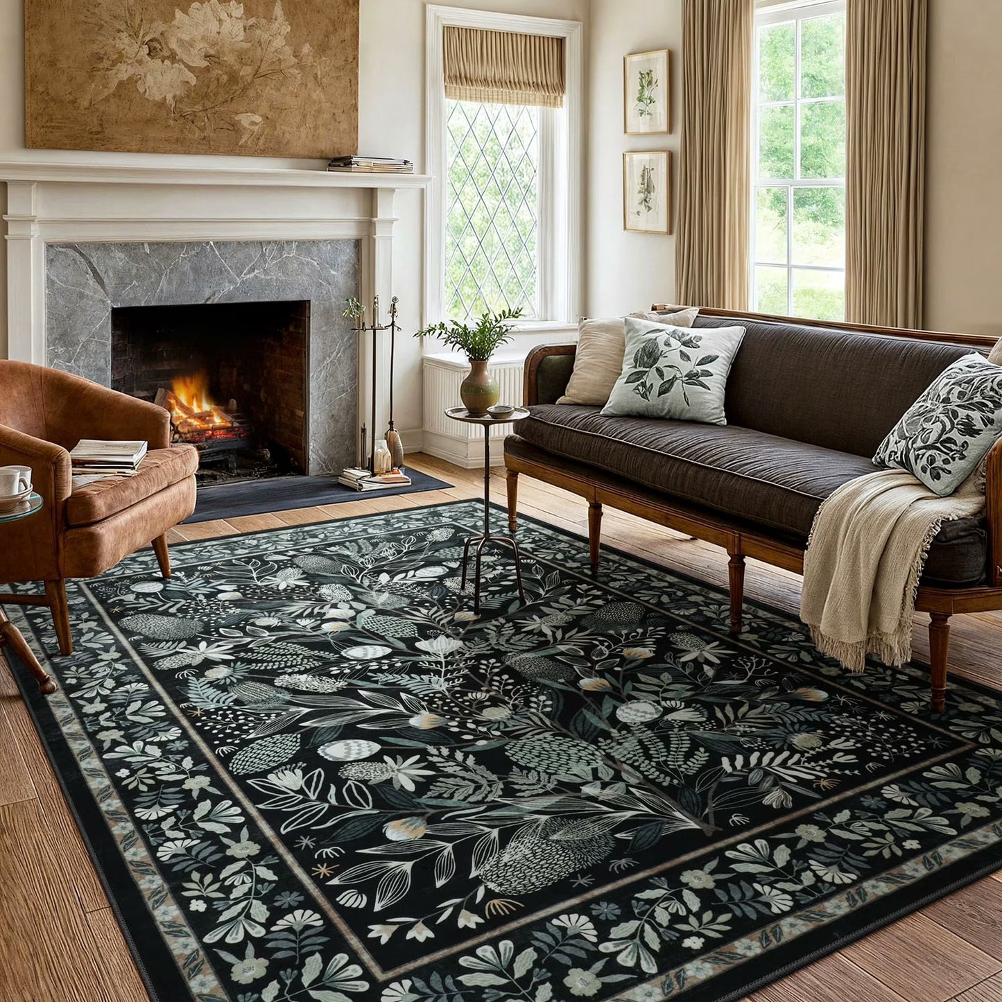 Moynesa Washable Area Rugs, Botanical Floral Large Rugs for Living Room Non-Slip Soft Modern Natural Rugs for Bedroom, Stain Resistant Accent Carpet for Dining Room Dorm Apartment