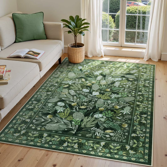Moynesa Washable Area Rugs, Botanical Floral Large Rugs for Living Room Non-Slip Soft Modern Natural Rugs for Bedroom, Stain Resistant Accent Carpet for Dining Room Dorm Apartment