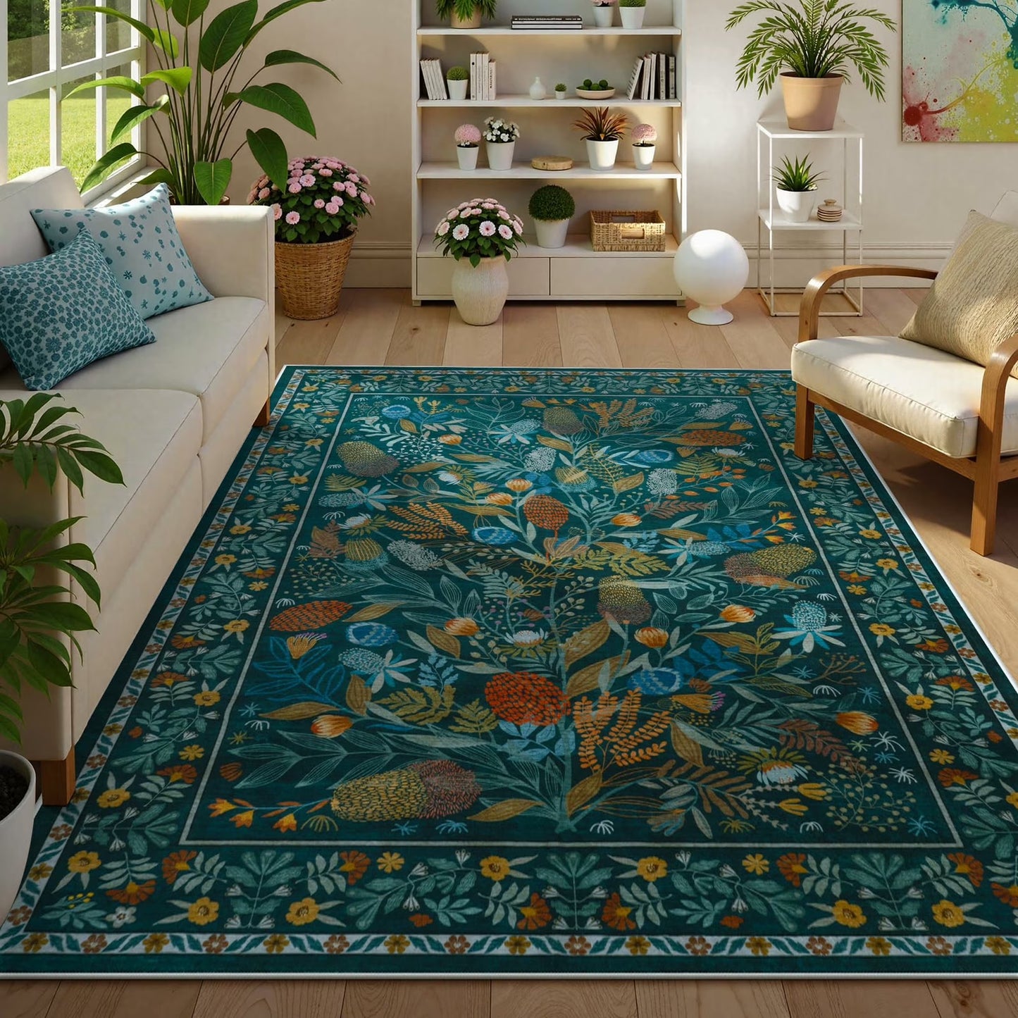 Moynesa Washable Area Rugs, Botanical Floral Large Rugs for Living Room Non-Slip Soft Modern Natural Rugs for Bedroom, Stain Resistant Accent Carpet for Dining Room Dorm Apartment