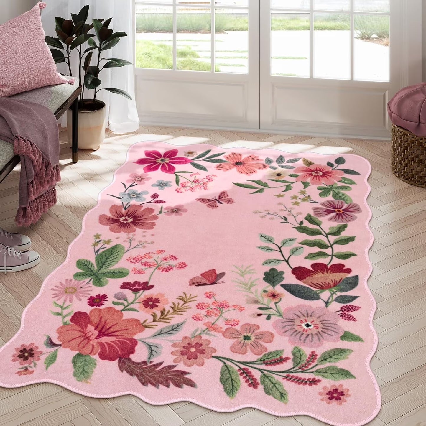 Moynesa Floral Washable Area Rugs, Soft Bedroom Large Rug for Living Room Ultra-Thin Non Slip Dining Room Rug, Stain Resistant Boho Rugs Easy Clean Throw Carpet for Office