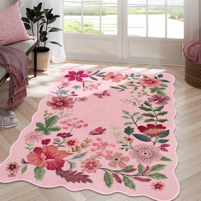 Moynesa Floral Washable Area Rugs, Soft Bedroom Large Rug for Living Room Ultra-Thin Non Slip Dining Room Rug, Stain Resistant Boho Rugs Easy Clean Throw Carpet for Office