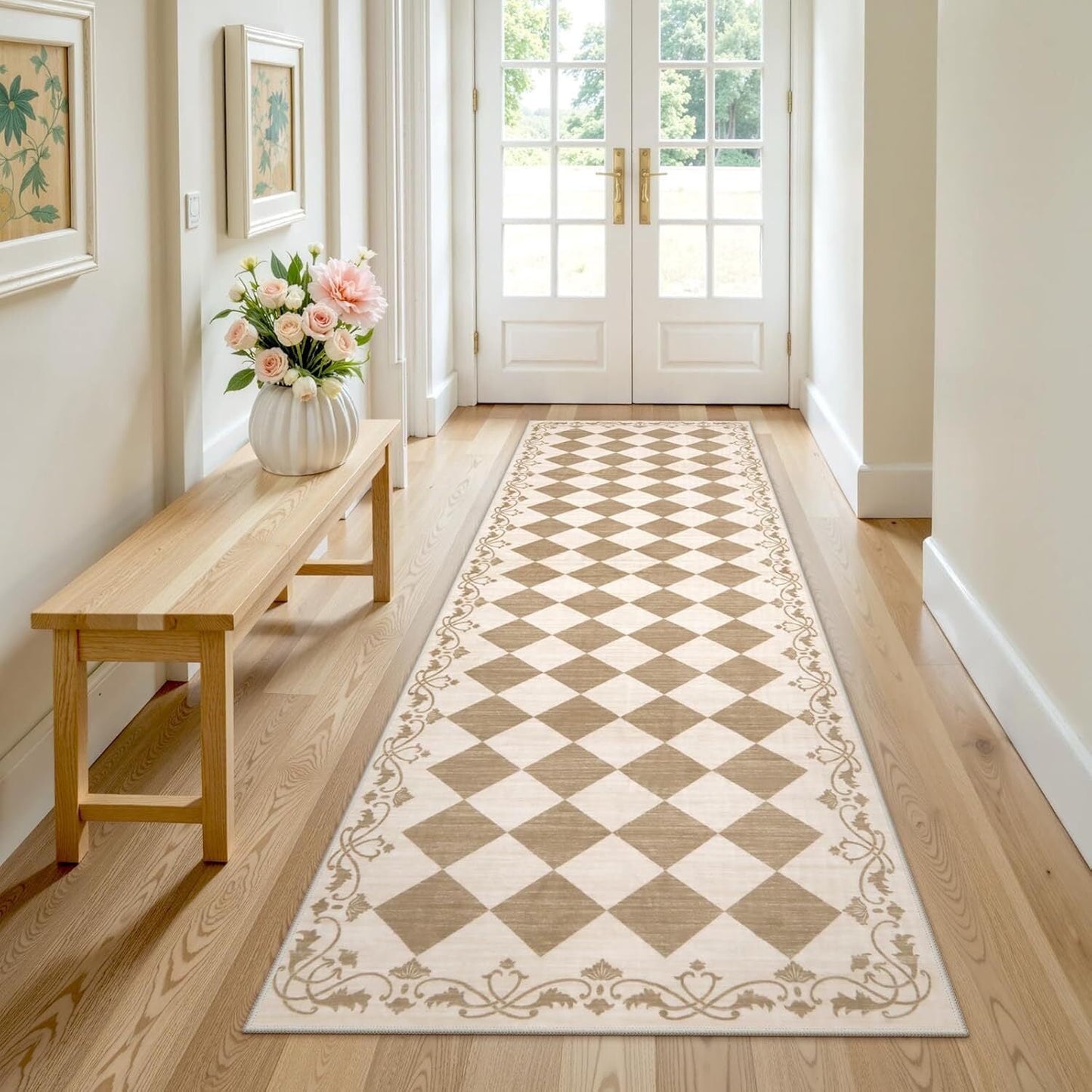 RUG ROBOT Runner Rug for Hallway, Non Slip Washable Checkered Rug for Kitchen, Brown Neutral Bathroom Home Decor Plaid Diamond Low Pile Print Carpet for Entryway Bedroom Laundry