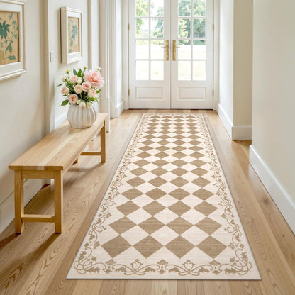RUG ROBOT Runner Rug for Hallway, Non Slip Washable Checkered Rug for Kitchen, Brown Neutral Bathroom Home Decor Plaid Diamond Low Pile Print Carpet for Entryway Bedroom Laundry