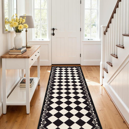 RUG ROBOT Runner Rug for Hallway, Non Slip Washable Checkered Rug for Kitchen, Brown Neutral Bathroom Home Decor Plaid Diamond Low Pile Print Carpet for Entryway Bedroom Laundry