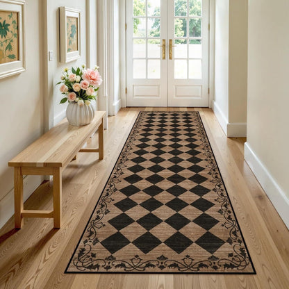RUG ROBOT Runner Rug for Hallway, Non Slip Washable Checkered Rug for Kitchen, Brown Neutral Bathroom Home Decor Plaid Diamond Low Pile Print Carpet for Entryway Bedroom Laundry