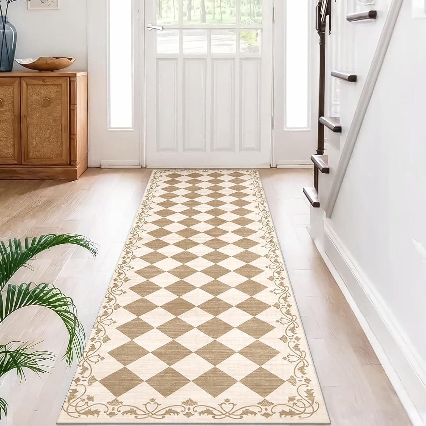 RUG ROBOT Runner Rug for Hallway, Non Slip Washable Checkered Rug for Kitchen, Brown Neutral Bathroom Home Decor Plaid Diamond Low Pile Print Carpet for Entryway Bedroom Laundry