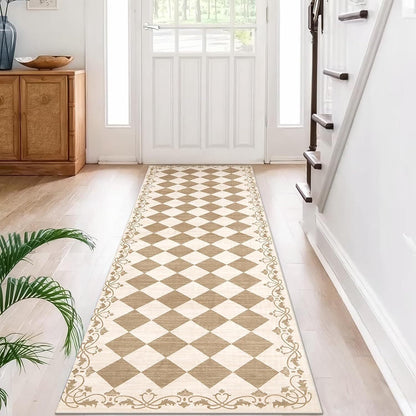 RUG ROBOT Runner Rug for Hallway, Non Slip Washable Checkered Rug for Kitchen, Brown Neutral Bathroom Home Decor Plaid Diamond Low Pile Print Carpet for Entryway Bedroom Laundry