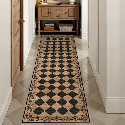 RUG ROBOT Runner Rug for Hallway, Non Slip Washable Checkered Rug for Kitchen, Brown Neutral Bathroom Home Decor Plaid Diamond Low Pile Print Carpet for Entryway Bedroom Laundry