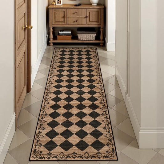 RUG ROBOT Runner Rug for Hallway, Non Slip Washable Checkered Rug for Kitchen, Brown Neutral Bathroom Home Decor Plaid Diamond Low Pile Print Carpet for Entryway Bedroom Laundry