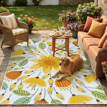 RUG ROBOT Washable Outdoor Rug, Non-Slip Yellow Floral Patio Rug, Breathable & Quick Drying RV Camping Rug, Portable Outdoor Carpet for Backyard Garden Deck Pool Balcony Picnic