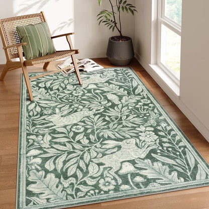 RUG ROBOT Area Rugs for Livingroom, Non-Slip Washable Area Rug for Bedroom, Diningroom, Nursery, Soft Whimsical Woodland Bunny Stain Indoor Carpet