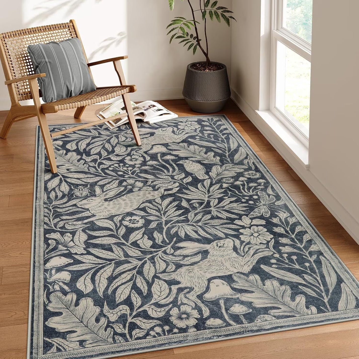 RUG ROBOT Area Rugs for Livingroom, Non-Slip Washable Area Rug for Bedroom, Diningroom, Nursery, Soft Whimsical Woodland Bunny Stain Indoor Carpet