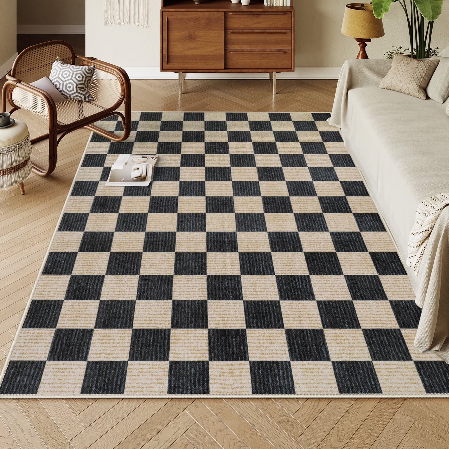 RUG ROBOT Area Rugs for Living Room, Washable Non-Slip Checkered Rugs for Bedroom, Dining Room, Soft Low-Pile Classic Farmhouse Geometric Indoor Large Accent Carpet