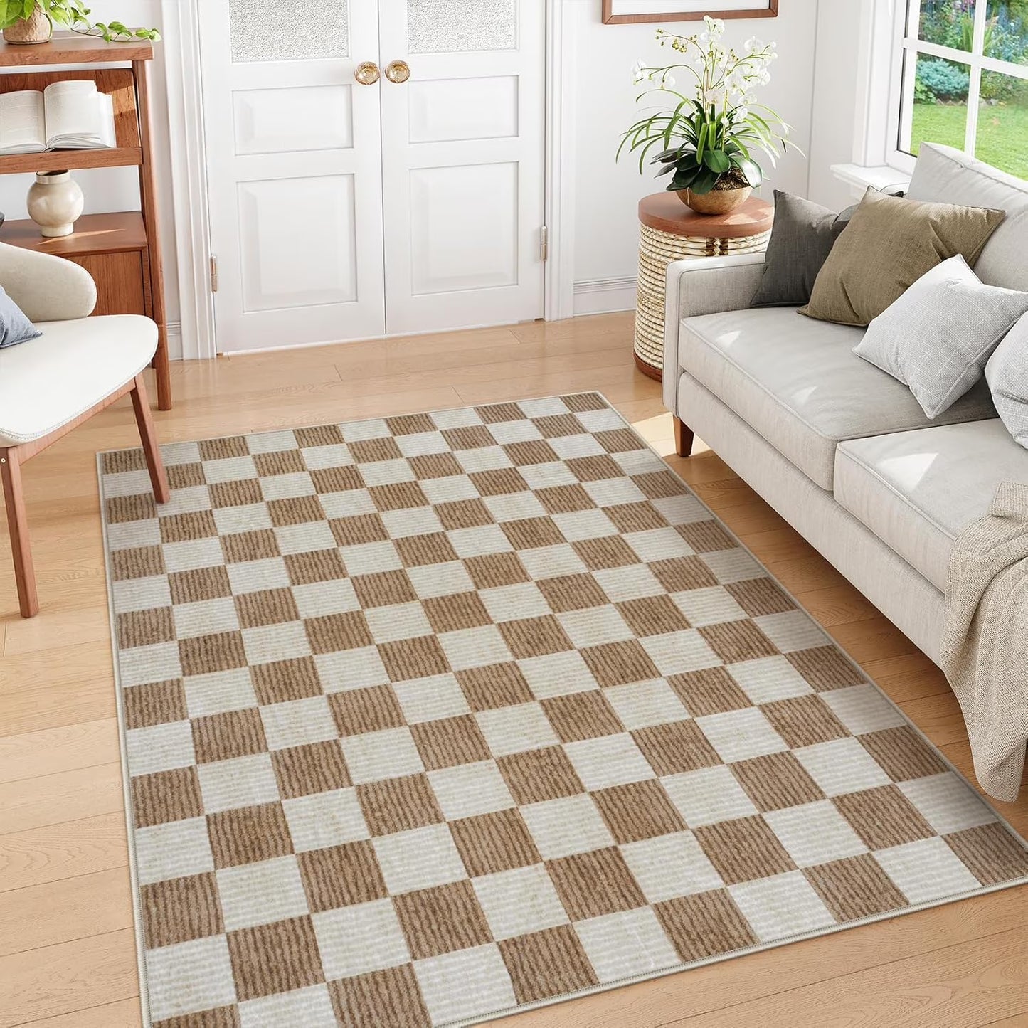 RUG ROBOT Area Rugs for Living Room, Washable Non-Slip Checkered Rugs for Bedroom, Dining Room, Soft Low-Pile Classic Farmhouse Geometric Indoor Large Accent Carpet