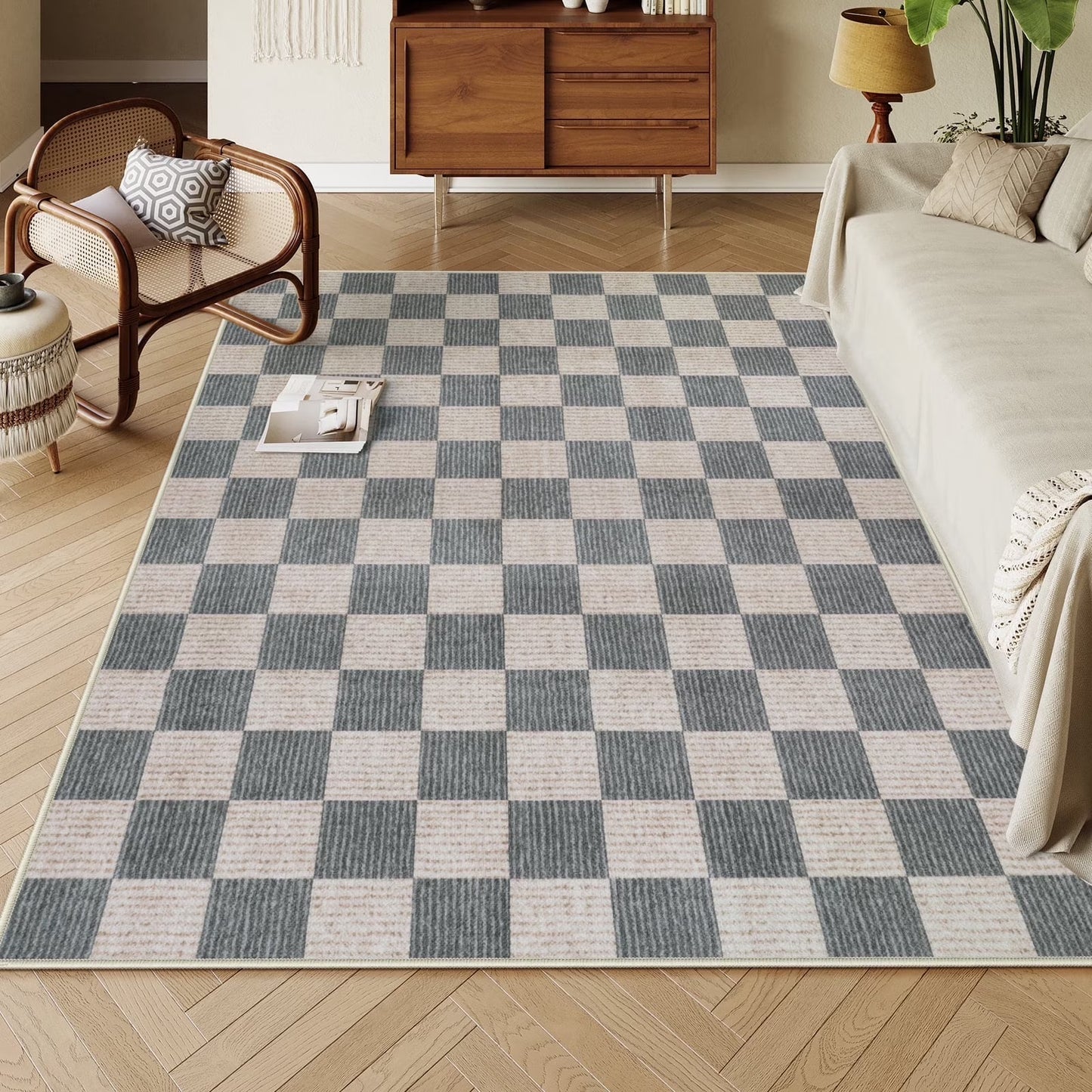 RUG ROBOT Area Rugs for Living Room, Washable Non-Slip Checkered Rugs for Bedroom, Dining Room, Soft Low-Pile Classic Farmhouse Geometric Indoor Large Accent Carpet