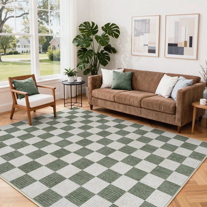 RUG ROBOT Area Rugs for Living Room, Washable Non-Slip Checkered Rugs for Bedroom, Dining Room, Soft Low-Pile Classic Farmhouse Geometric Indoor Large Accent Carpet