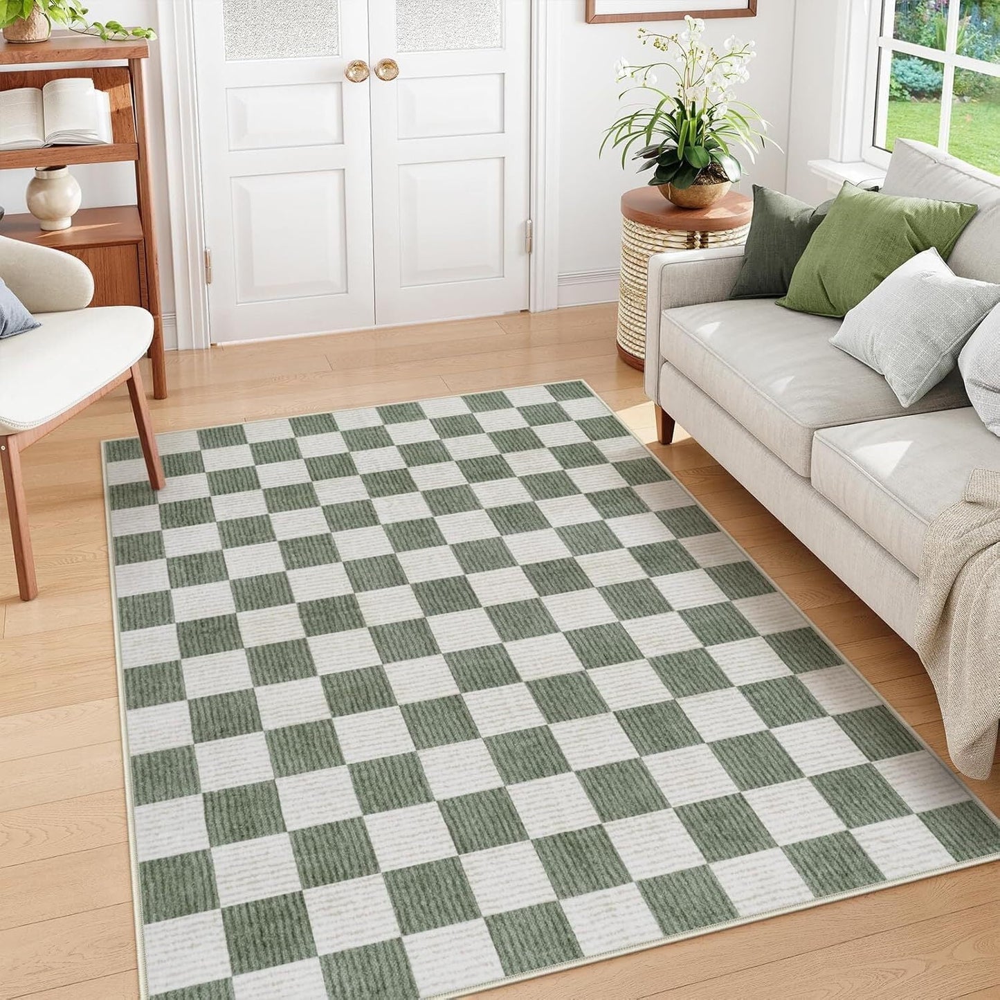 RUG ROBOT 5'x7' Washable Area Rugs for Living Room, Non-Slip Rugs for Bedroom, Farmhouse Checkered Rug, Soft Large Carpet for Kitchen Playroom, Green