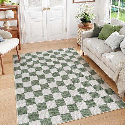 RUG ROBOT 5'x7' Washable Area Rugs for Living Room, Non-Slip Rugs for Bedroom, Farmhouse Checkered Rug, Soft Large Carpet for Kitchen Playroom, Green