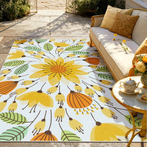 RUG ROBOT Washable Outdoor Rug, Non-Slip Yellow Floral Patio Rug, Breathable & Quick Drying RV Camping Rug, Portable Outdoor Carpet for Backyard Garden Deck Pool Balcony Picnic