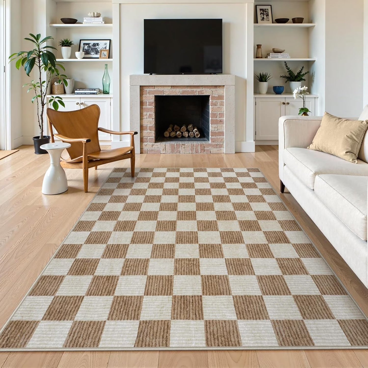 RUG ROBOT Area Rugs for Living Room, Washable Non-Slip Checkered Rugs for Bedroom, Dining Room, Soft Low-Pile Classic Farmhouse Geometric Indoor Large Accent Carpet