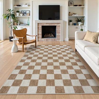 RUG ROBOT Area Rugs for Living Room, Washable Non-Slip Checkered Rugs for Bedroom, Dining Room, Soft Low-Pile Classic Farmhouse Geometric Indoor Large Accent Carpet
