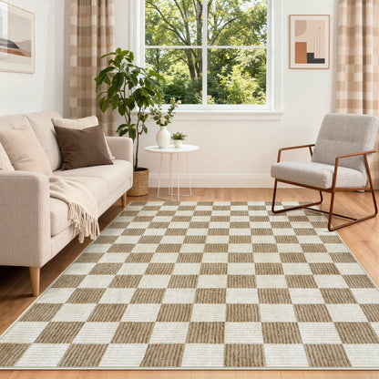 RUG ROBOT Area Rugs for Living Room, Washable Non-Slip Checkered Rugs for Bedroom, Dining Room, Soft Low-Pile Classic Farmhouse Geometric Indoor Large Accent Carpet