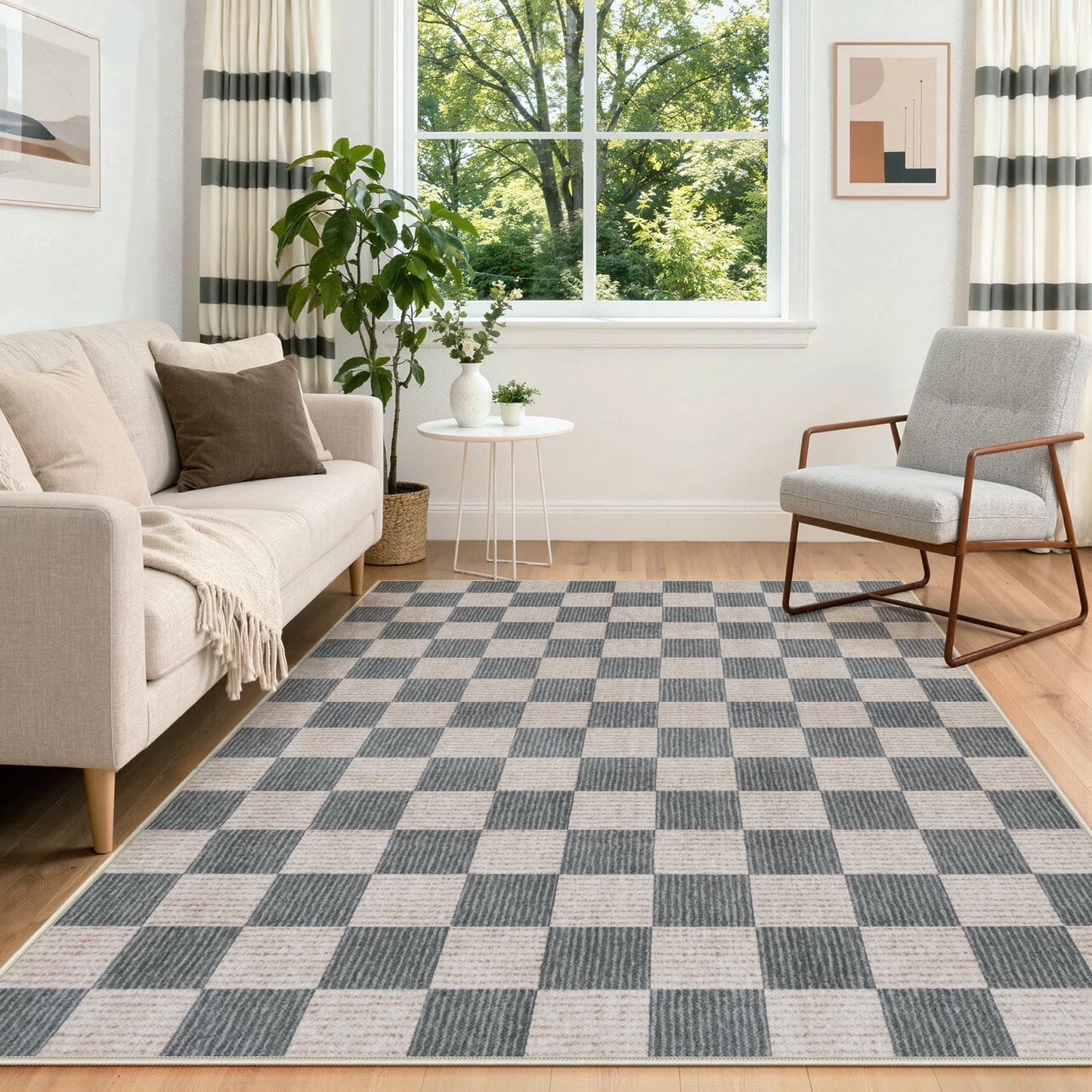 RUG ROBOT Area Rugs for Living Room, Washable Non-Slip Checkered Rugs for Bedroom, Dining Room, Soft Low-Pile Classic Farmhouse Geometric Indoor Large Accent Carpet