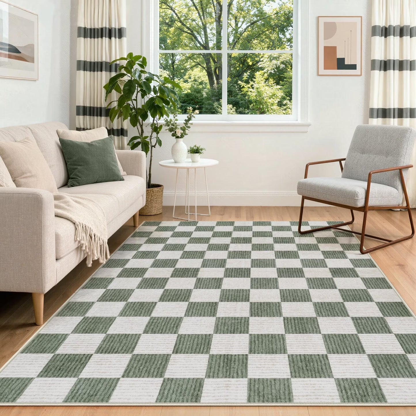 RUG ROBOT Area Rugs for Living Room, Washable Non-Slip Checkered Rugs for Bedroom, Dining Room, Soft Low-Pile Classic Farmhouse Geometric Indoor Large Accent Carpet