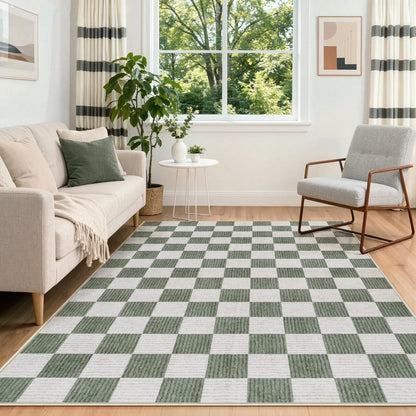 RUG ROBOT Area Rugs for Living Room, Washable Non-Slip Checkered Rugs for Bedroom, Dining Room, Soft Low-Pile Classic Farmhouse Geometric Indoor Large Accent Carpet