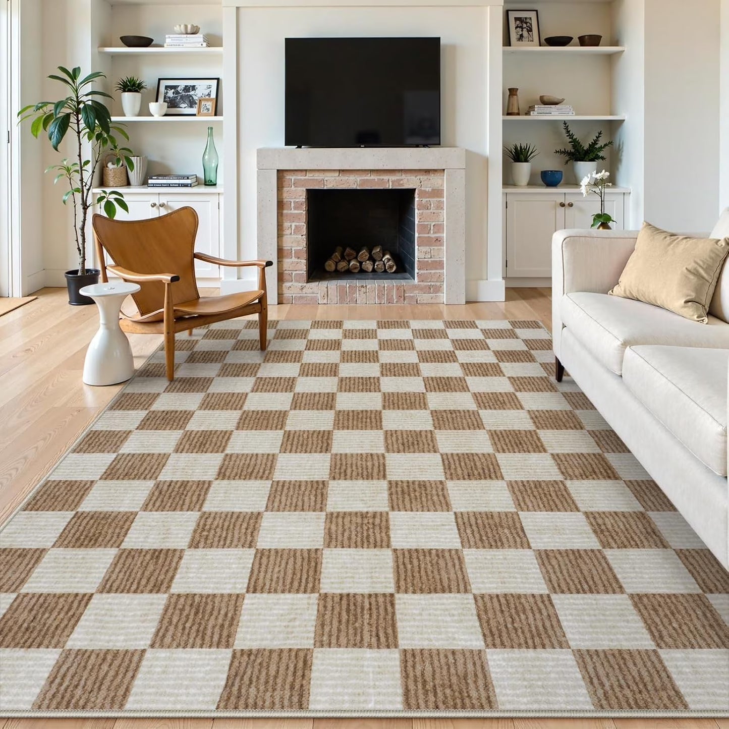 RUG ROBOT Area Rugs for Living Room, Washable Non-Slip Checkered Rugs for Bedroom, Dining Room, Soft Low-Pile Classic Farmhouse Geometric Indoor Large Accent Carpet
