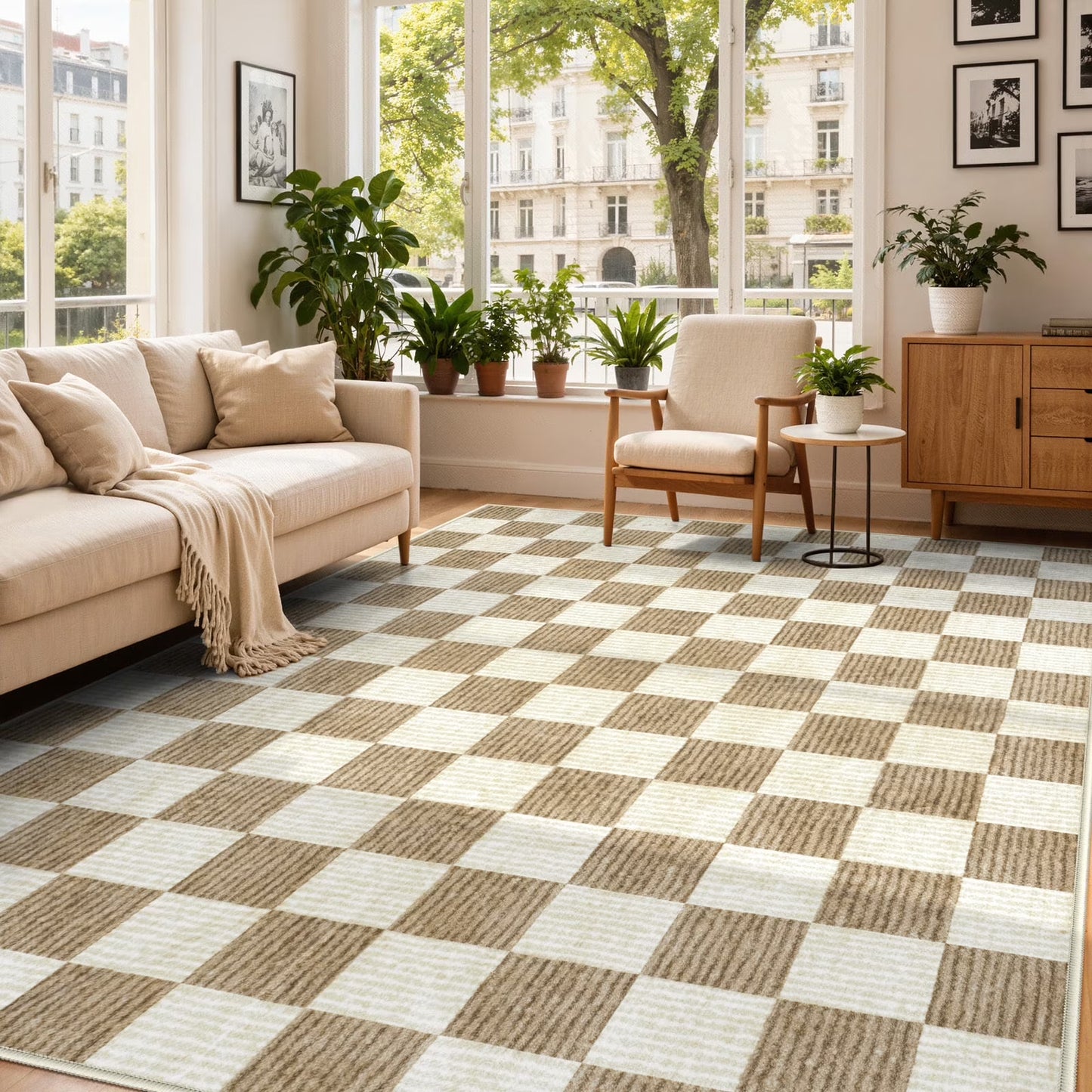RUG ROBOT Area Rugs for Living Room, Washable Non-Slip Checkered Rugs for Bedroom, Dining Room, Soft Low-Pile Classic Farmhouse Geometric Indoor Large Accent Carpet