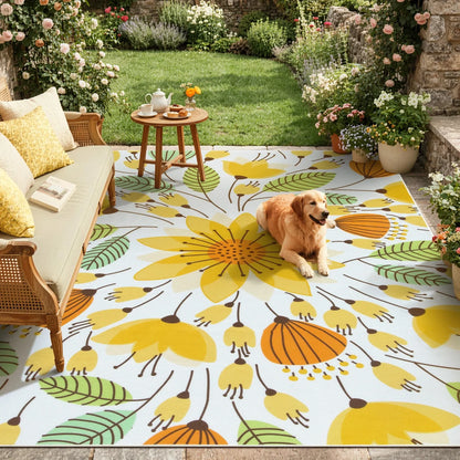 RUG ROBOT Washable Outdoor Rug, Non-Slip Yellow Floral Patio Rug, Breathable & Quick Drying RV Camping Rug, Portable Outdoor Carpet for Backyard Garden Deck Pool Balcony Picnic