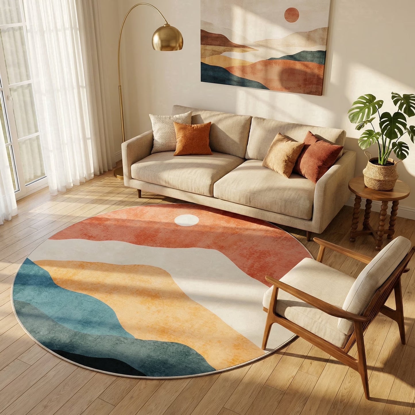 RUG ROBOT Round Rugs, Modern Area Rug for Living Room, Non-Slip Washable Rug with Nature Inspired Design for Bedroom, Dining Room, Stylish Indoor Circular Abstract Rug Home Decor