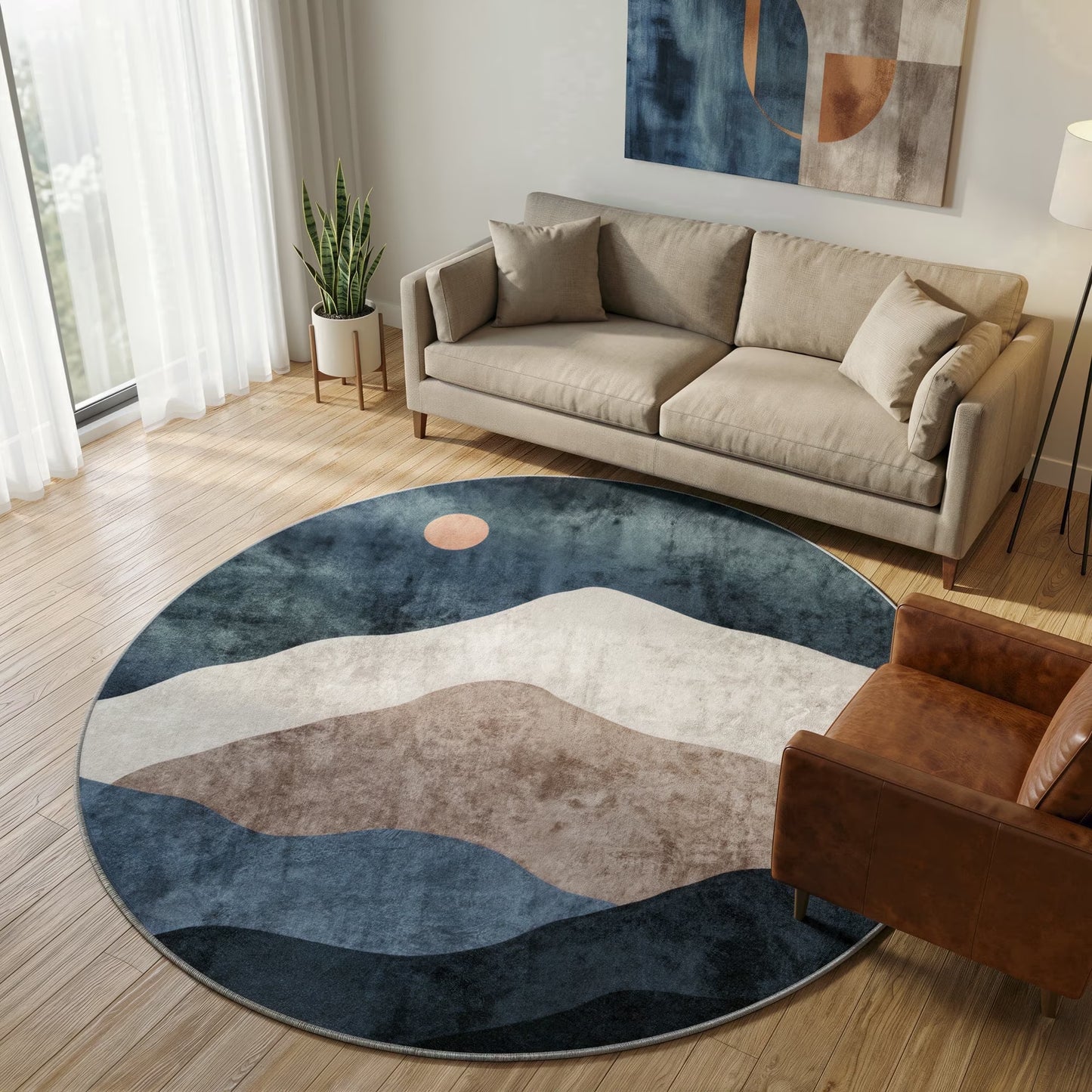 RUG ROBOT Round Rugs, Modern Area Rug for Living Room, Non-Slip Washable Rug with Nature Inspired Design for Bedroom, Dining Room, Stylish Indoor Circular Abstract Rug Home Decor