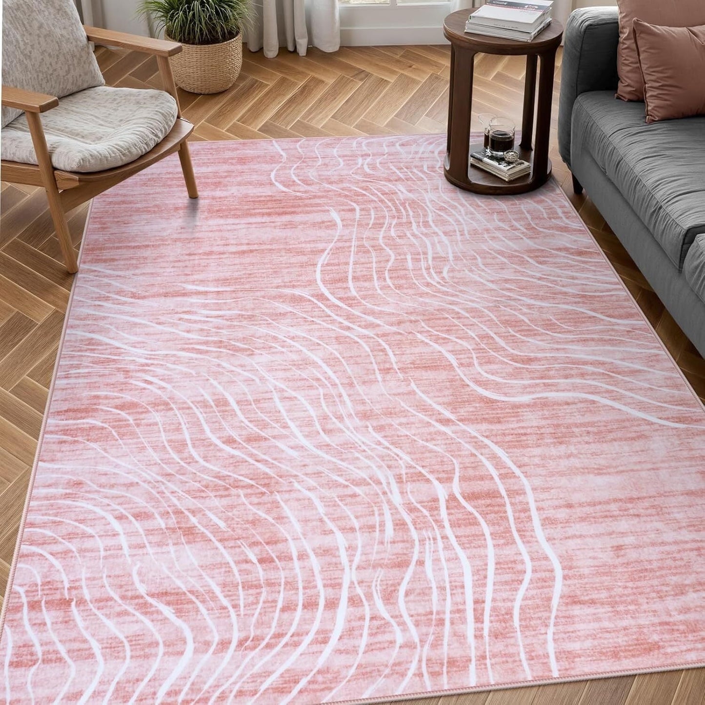 RUG ROBOT 5'x7' Abstract Area Rugs for Living Room, Soft Washable Pink Rugs for Girls Bedroom, Non-Slip Modern Wave Striped Large Accent Carpet for Dining Room Kitchen Nursery, Pink