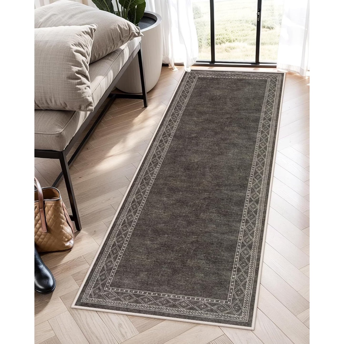 RUG ROBOT Modern Bordered Kitchen Runner Rugs Non Skid Washable, Rug Runners for Hallways Non Slip Ultra-Thin Carpet for Entryway Laundry Room Bedroom
