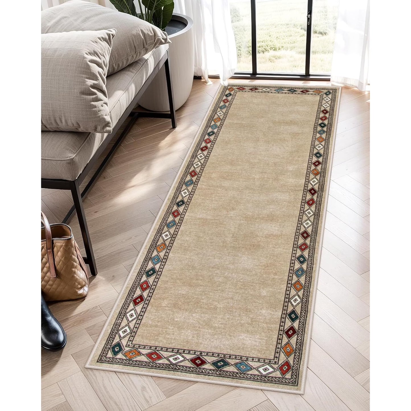 RUG ROBOT Modern Bordered Kitchen Runner Rugs Non Skid Washable, Rug Runners for Hallways Non Slip Ultra-Thin Carpet for Entryway Laundry Room Bedroom