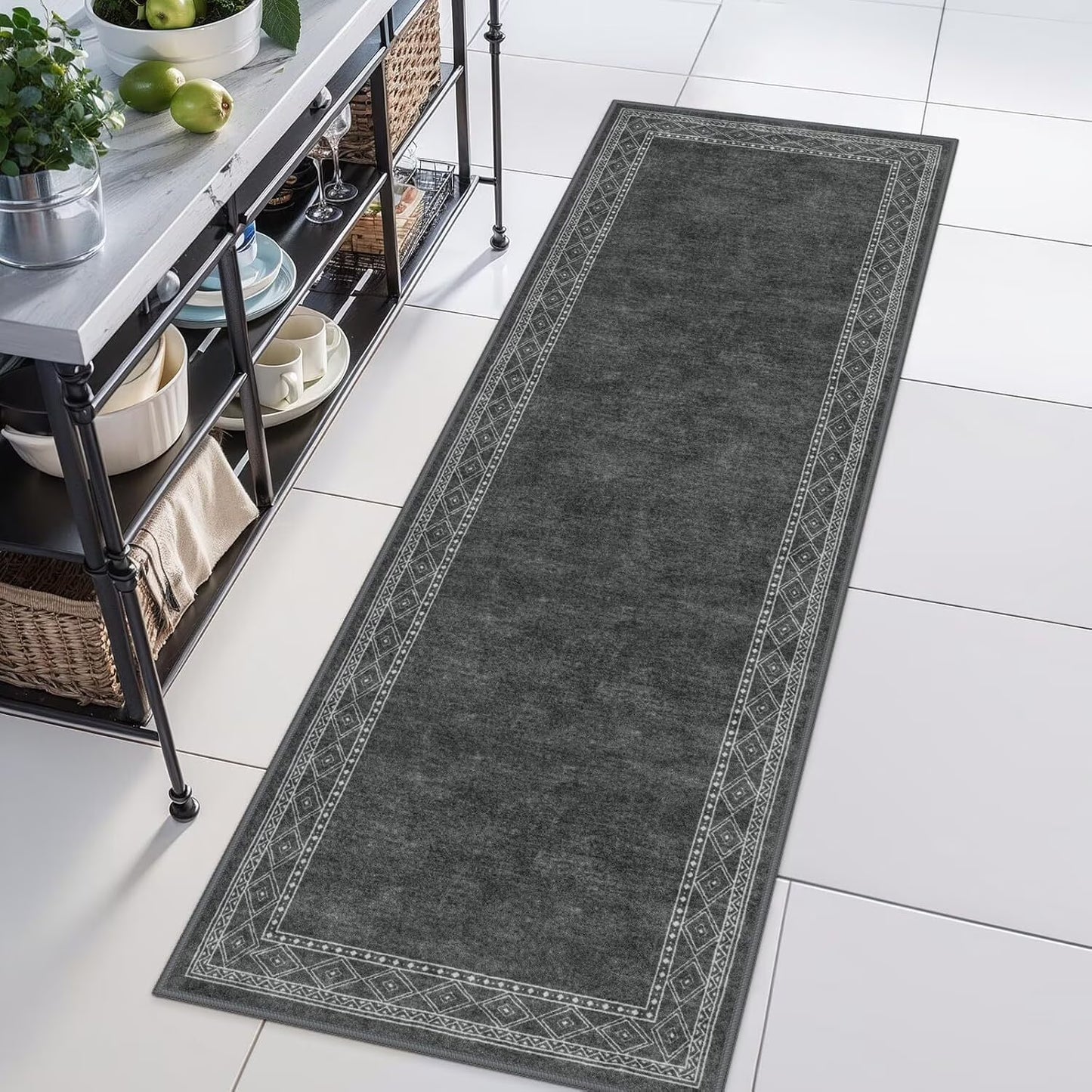 RUG ROBOT Modern Bordered Kitchen Runner Rugs Non Skid Washable, Rug Runners for Hallways Non Slip Ultra-Thin Carpet for Entryway Laundry Room Bedroom