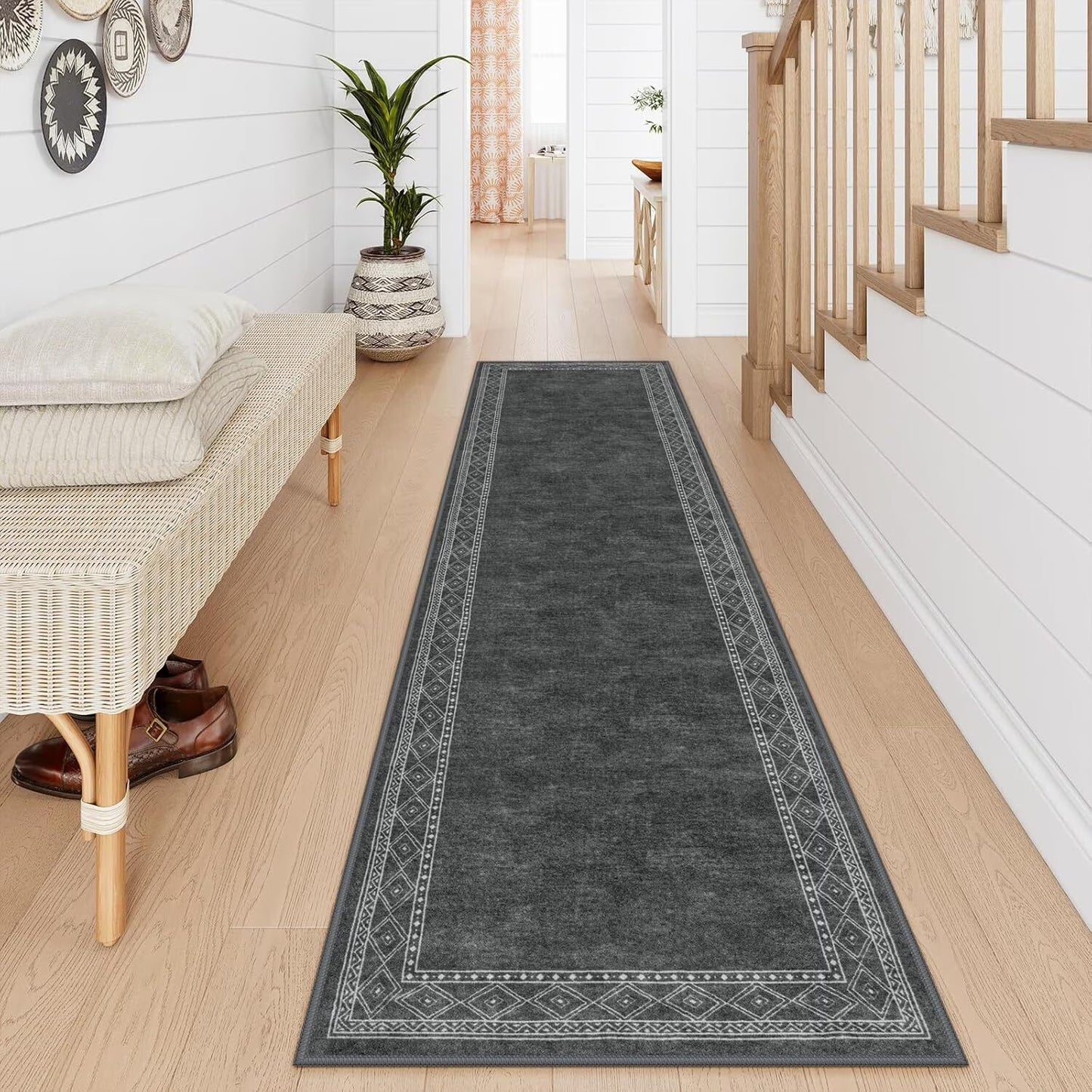 RUG ROBOT Modern Bordered Kitchen Runner Rugs Non Skid Washable, Rug Runners for Hallways Non Slip Ultra-Thin Carpet for Entryway Laundry Room Bedroom