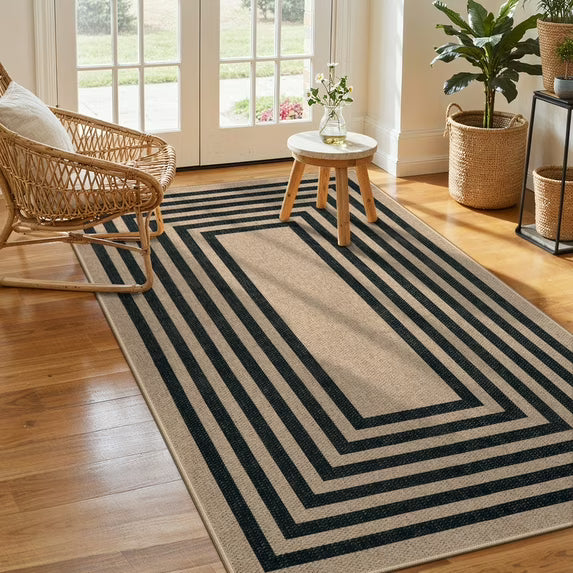 RUG ROBOT Modern Geometric Easy Jute Outdoor Rug, Black Washable Kitchen Rugs for Bedroom Thin Non Slip Indoor Door Mat, Non Slip Farmhouse Carpet for Office Patio