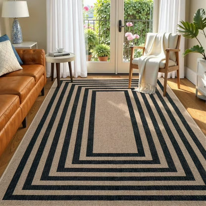 RUG ROBOT Modern Geometric Easy Jute Outdoor Rug, Black Washable Kitchen Rugs for Bedroom Thin Non Slip Indoor Door Mat, Non Slip Farmhouse Carpet for Office Patio