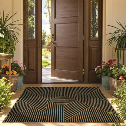 RUG ROBOT Modern Geometric Easy Jute Area Rug, Washable Indoor Rugs for Living Room Bedroom Entryway Rug Non Slip, Black Farmhouse Outdoor Carpet for Patio Courtyard Bedroom