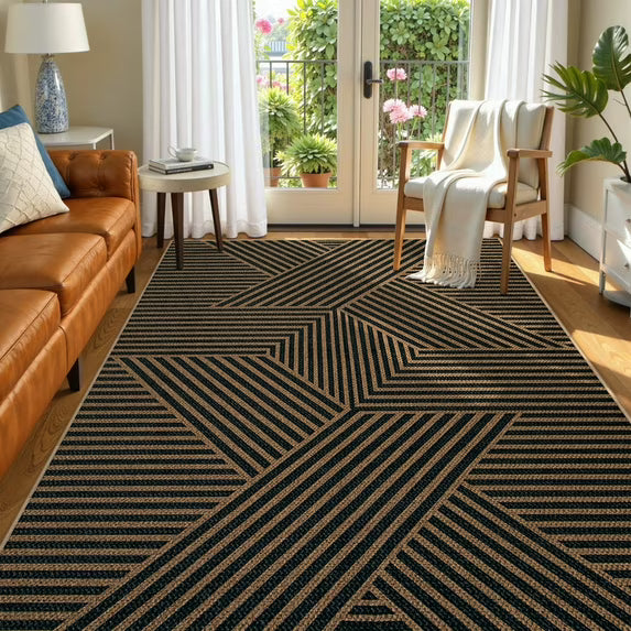 RUG ROBOT Modern Geometric Easy Jute Area Rug, Washable Indoor Rugs for Living Room Bedroom Entryway Rug Non Slip, Black Farmhouse Outdoor Carpet for Patio Courtyard Bedroom