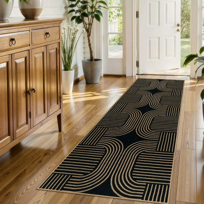 RUG ROBOT Modern Geometric Area Rugs for Living Room, Washable Easy Jute Black Indoor Outdoor Rugs for Entryway Non Slip, Farmhouse Accent Carpet for Bedroom Patio Courtyard