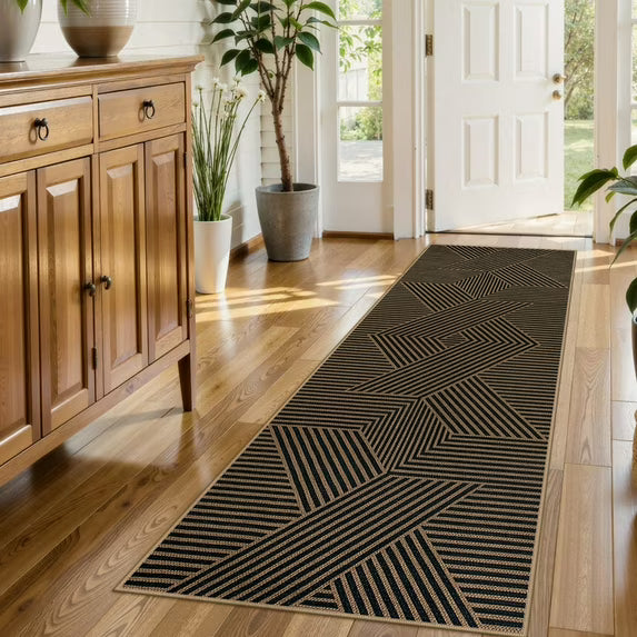 RUG ROBOT Modern Geometric Easy Jute Area Rug, Washable Indoor Rugs for Living Room Bedroom Entryway Rug Non Slip, Black Farmhouse Outdoor Carpet for Patio Courtyard Bedroom