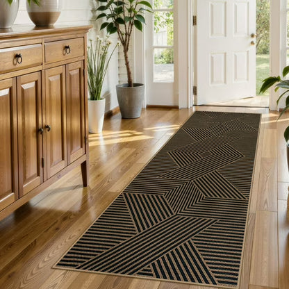 RUG ROBOT Modern Geometric Easy Jute Area Rug, Washable Indoor Rugs for Living Room Bedroom Entryway Rug Non Slip, Black Farmhouse Outdoor Carpet for Patio Courtyard Bedroom