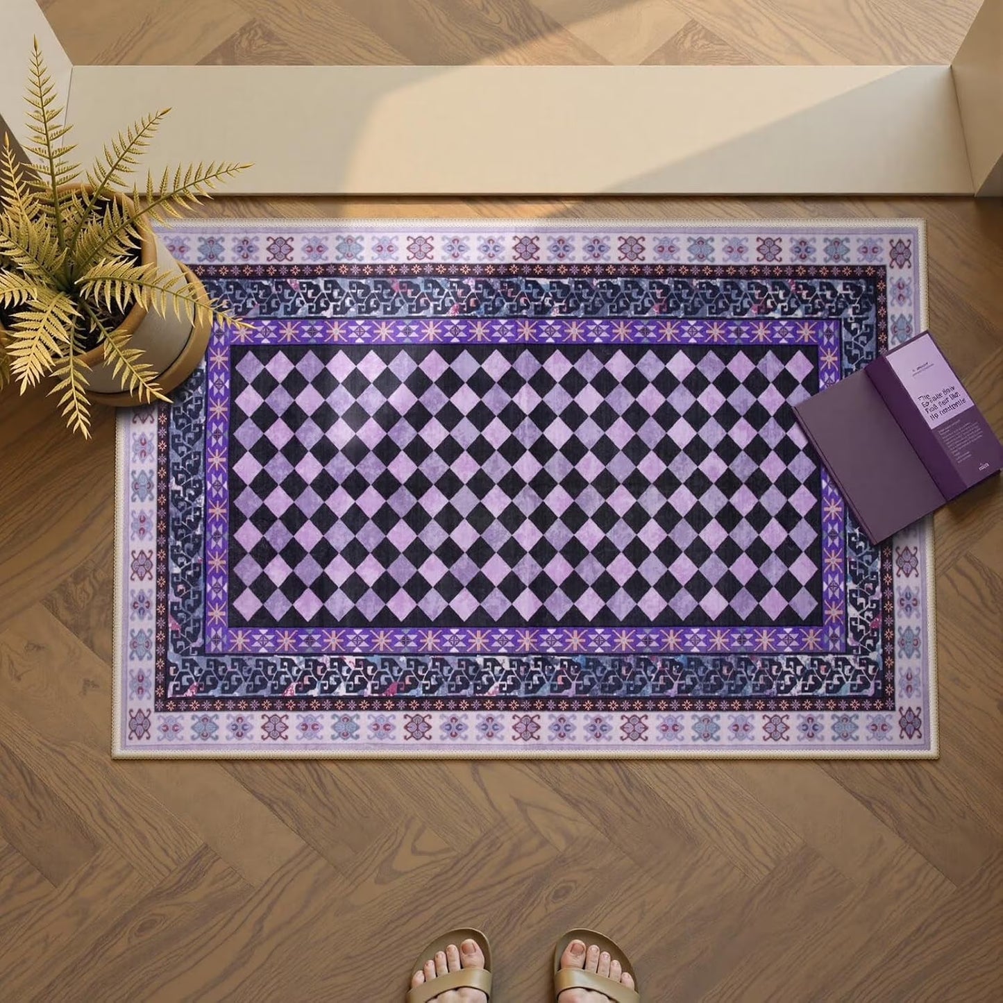 RUG ROBOT Area Rugs for Living Room, Non-Slip Washable Checkered Rug for Bedroom, Indoor Soft Vintage Diamond Carpet for Dining Room Home Decor
