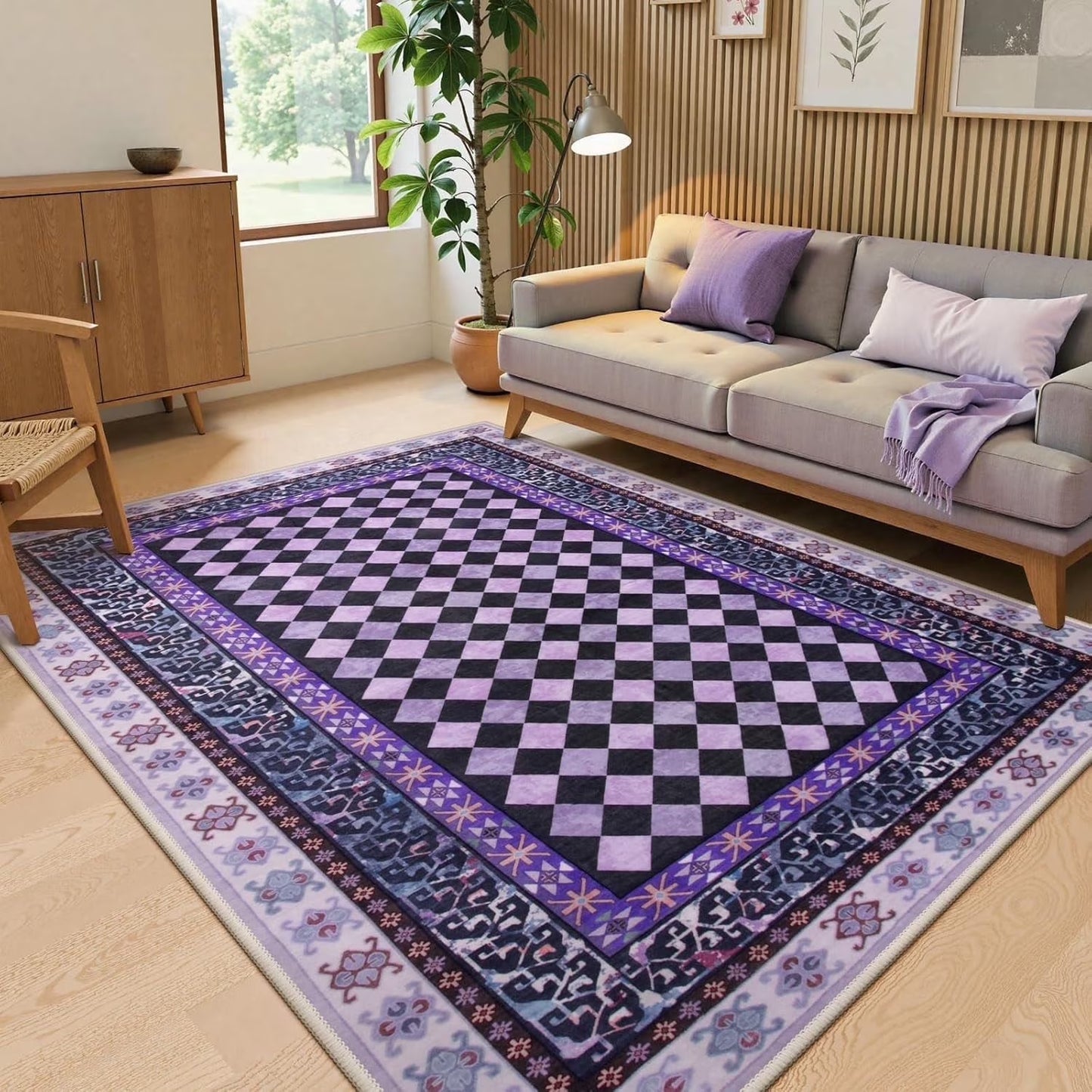 RUG ROBOT Area Rugs for Living Room, Non-Slip Washable Checkered Rug for Bedroom, Indoor Soft Vintage Diamond Carpet for Dining Room Home Decor