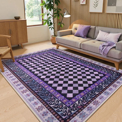 RUG ROBOT Area Rugs for Living Room, Non-Slip Washable Checkered Rug for Bedroom, Indoor Soft Vintage Diamond Carpet for Dining Room Home Decor