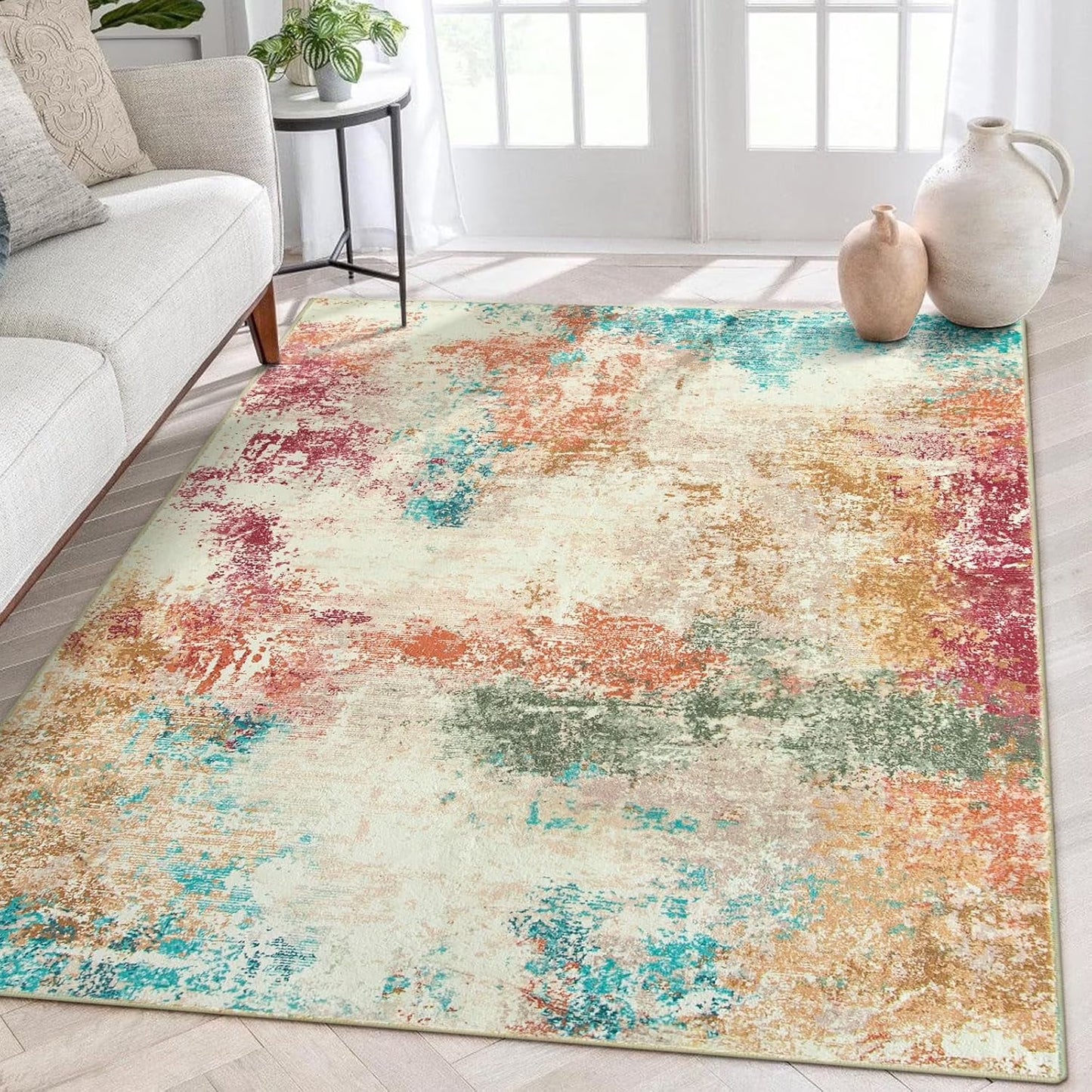 RUG ROBT Area Rugs for Living Room, Non-Slip Washable Rug, Indoor Soft Modern Abstract Distressed Accent Carpet for Bedroom, Dining Room, Kitchen